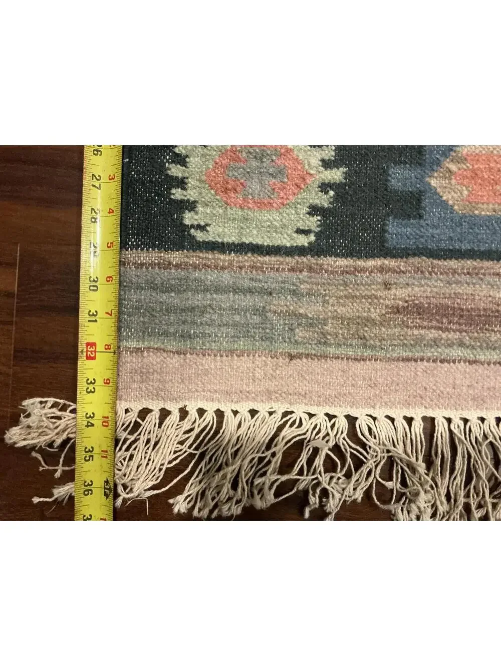 Vintage Handwoven Kilim Southwestern Style Small Wool Area Rug with Fringe